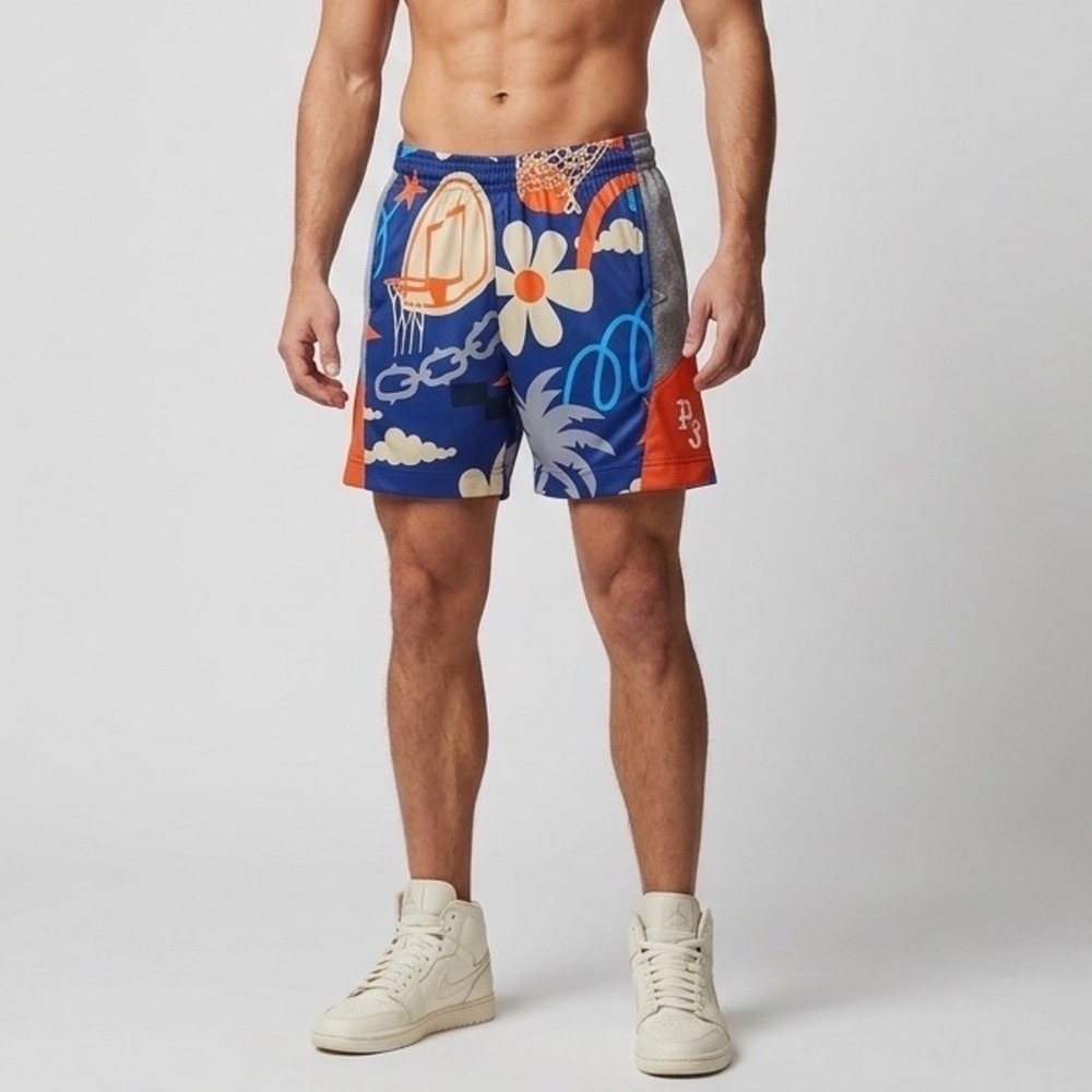Point 3 Basketball Shorts Mens Large Blue Orange Graphic DRYV Mesh Performance